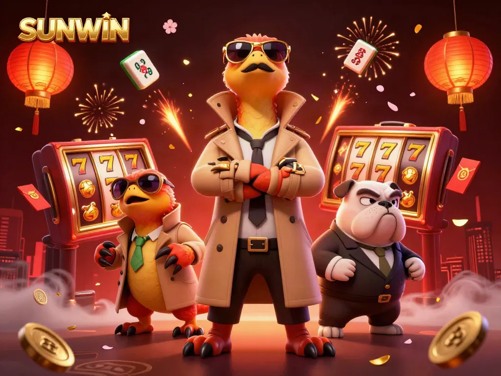 Engage with SUNWIN's vibrant casino scene featuring raptors in disguise amidst slot reels and festive decor.