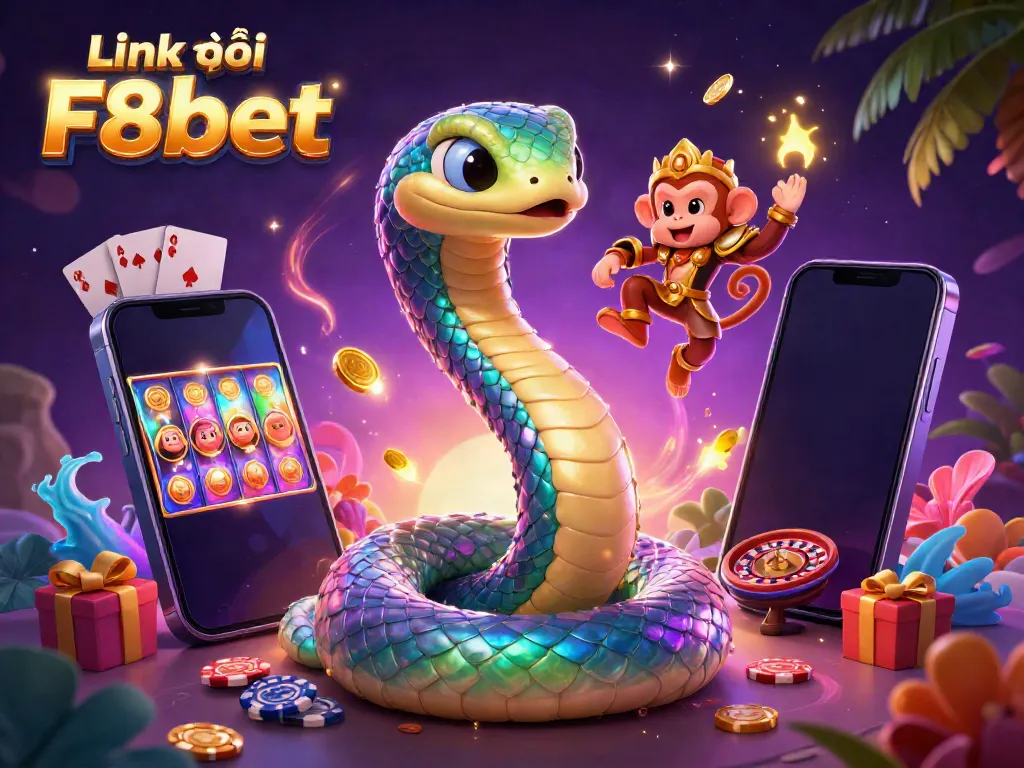 Engage with the colorful gaming world Link vào F8bet, featuring a rainbow serpent, golden monkey king, and dynamic casino elements.