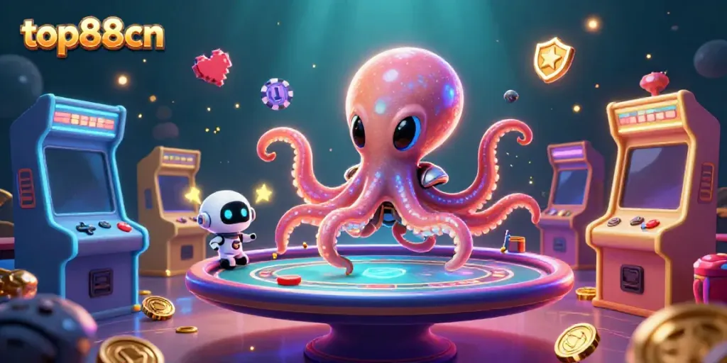 Engage in thrilling gameplay at top88cn with an alien octopus and holographic poker table.