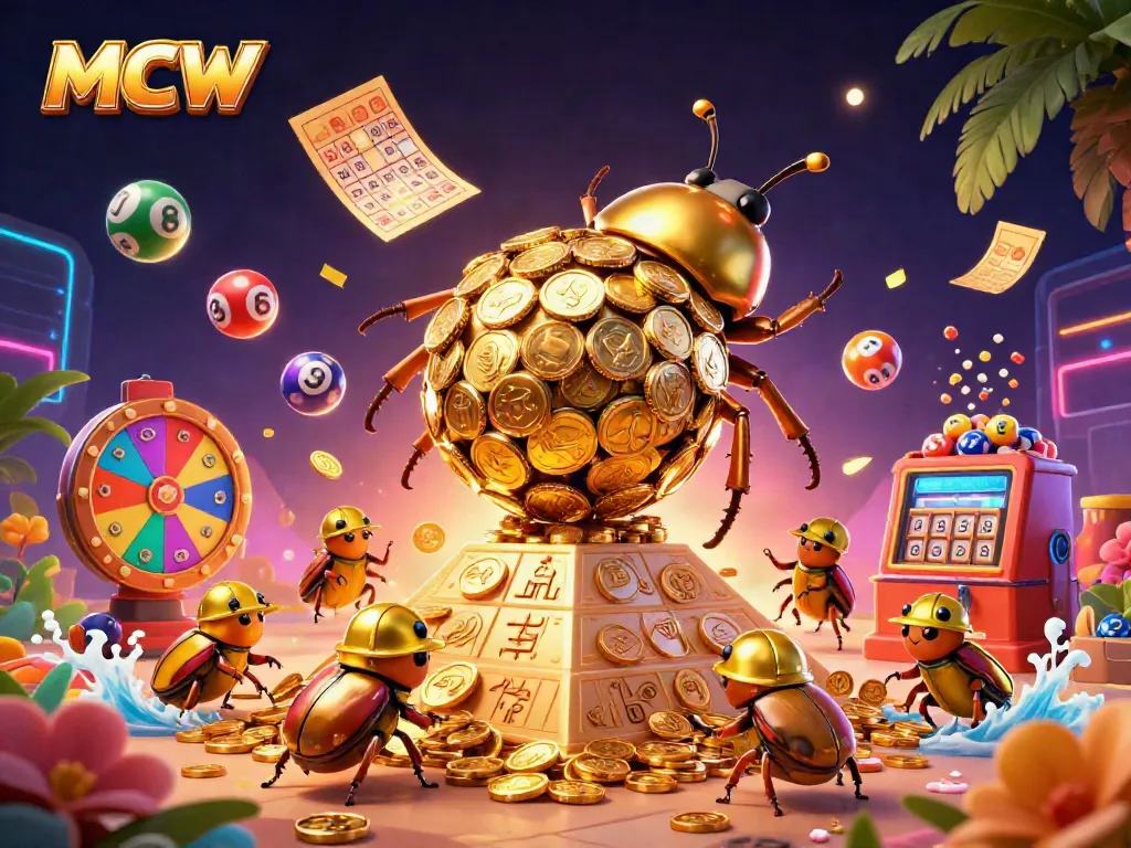 Experience the excitement of MCW with a vibrant 3D scene featuring golden beetles and dynamic lottery elements.