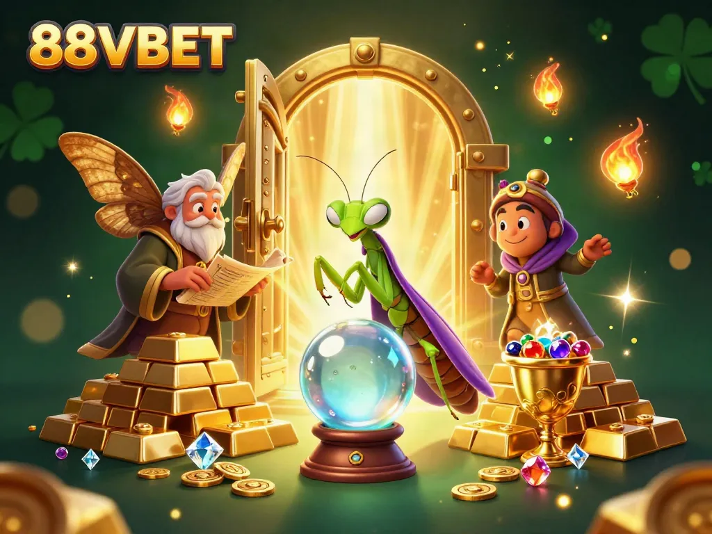 88VBET reveals enchanting fortune with a praying mantis fortune teller and treasure elements in a mystical setting.