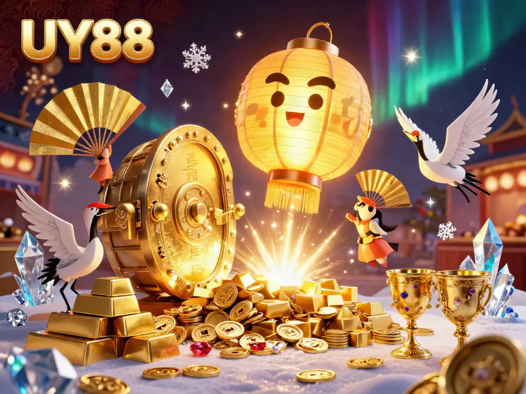 Experience the thrilling atmosphere of UY88's online casino, filled with golden treasures and vibrant characters.
