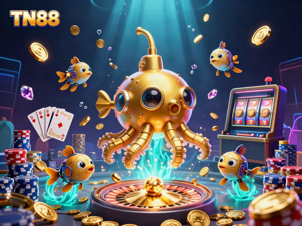 Engage with TN88's dynamic online casino adventure featuring a golden kraken submarine in an ocean of riches.