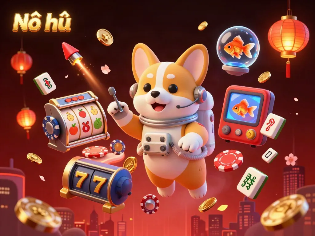 Nổ hũ slots gameplay featuring a corgi astronaut amidst floating coins and slot reels in a vibrant casino.