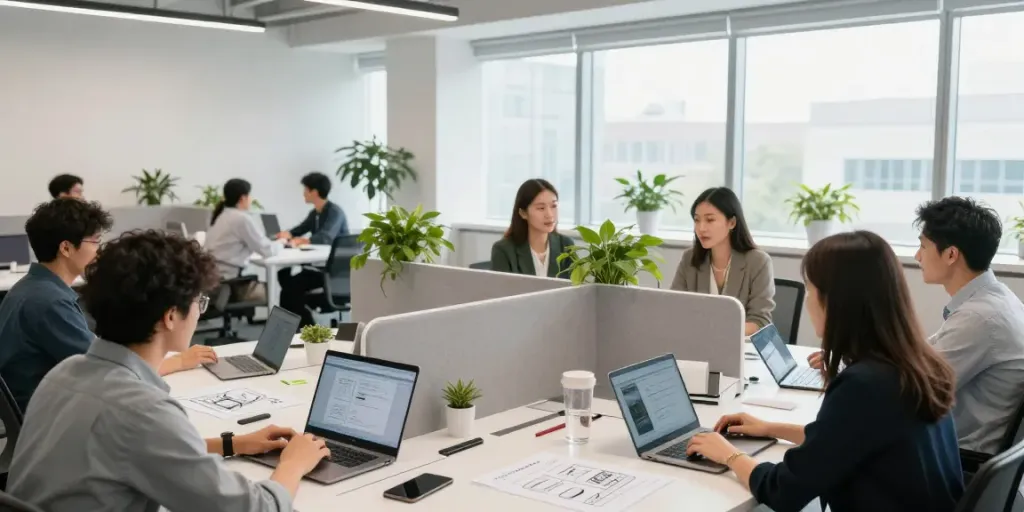 Office scene with دو جداره partition enhancing collaboration and productivity among teams.