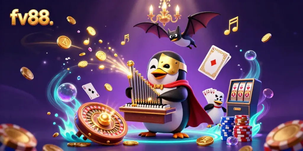Catch the action at fv88 with a whimsical scene of a penguin playing an organ that shoots coins, surrounded by casino elements.