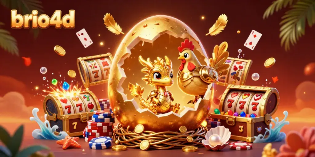 Experience thrilling gameplay with brio4d in this vibrant illustration of a gold dragon and gaming elements.