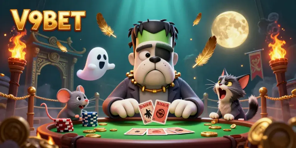 Experience thrilling gameplay at V9BET, featuring a whimsical scene with a Frankenstein bulldog and casino elements.