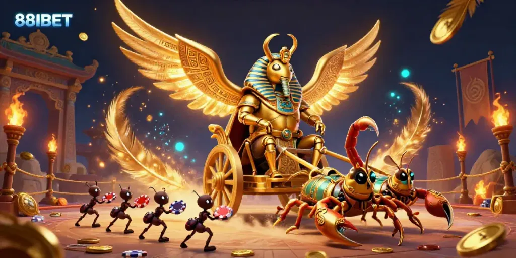 Engage with 88IBET through this vibrant 3D casino illustration featuring dynamic golden characters and gaming elements.