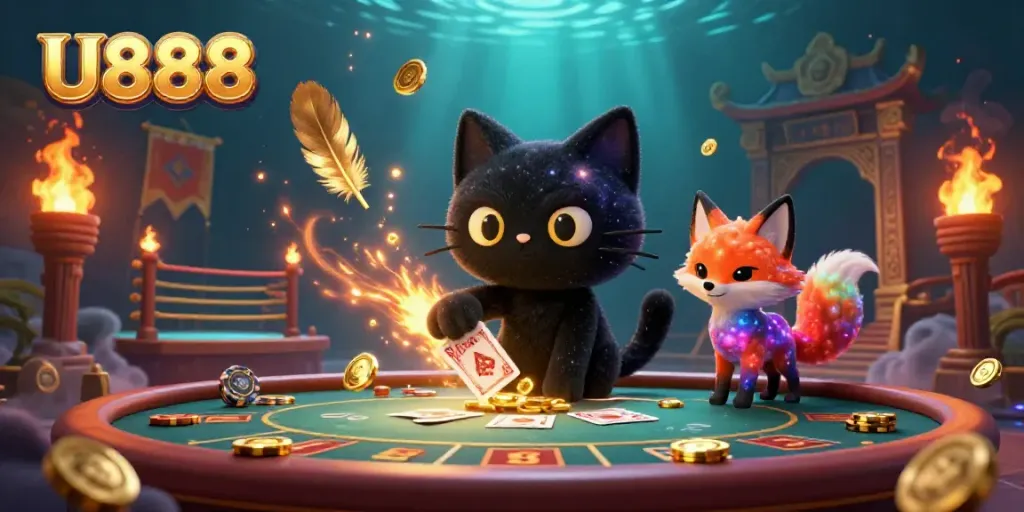 Experience U888's exhilarating casino adventure with a cosmic cat and fox in a vibrant scene.