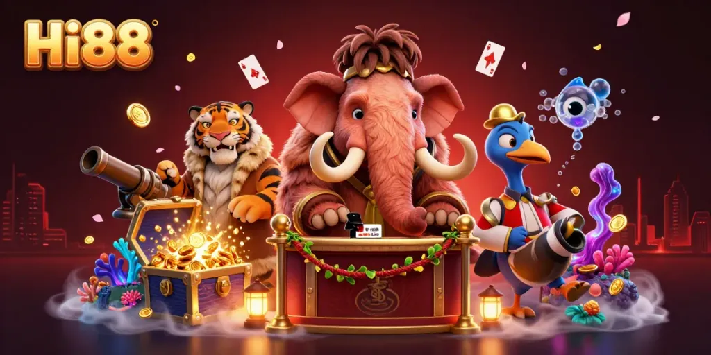Hi88's vibrant casino scene showcases thrill, featuring a bouncer, VIP guest, and treasure elements.