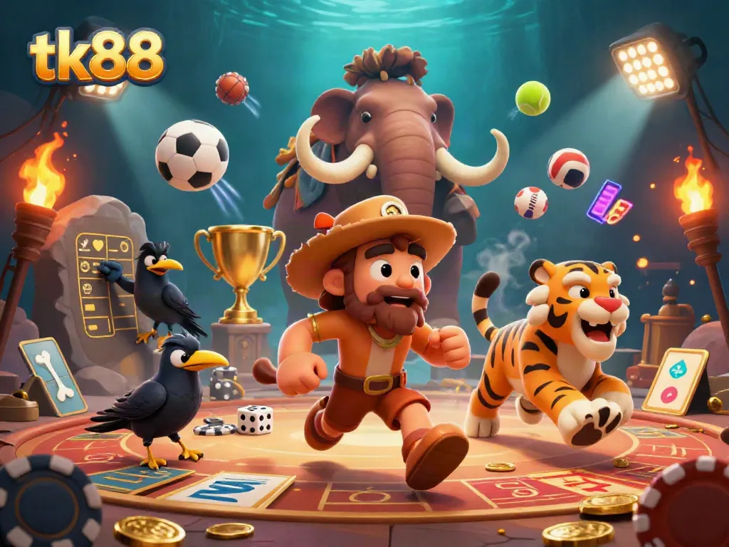 Experience thrilling play at tk88 with a dynamic prehistoric casino scene featuring unique characters and elements.