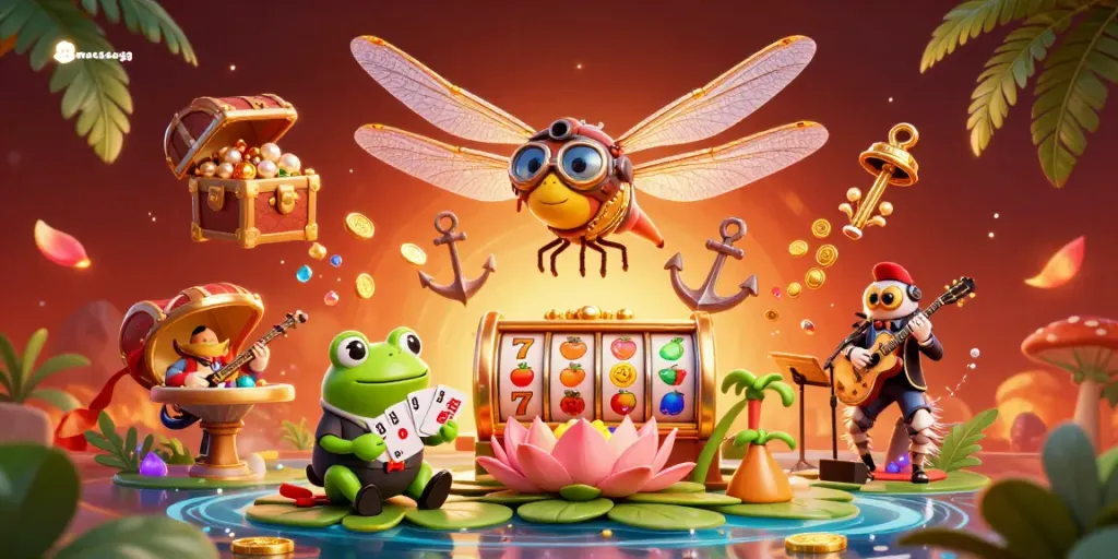 Play and win with macaugg illustrated scene featuring dragonfly pilot, frog dealer, and jazz musicians.