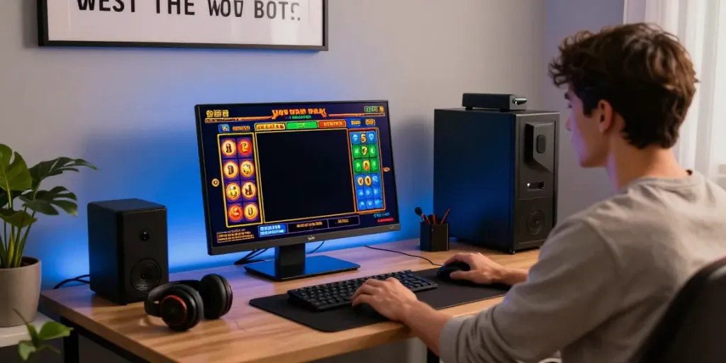 Permainan dewalangit slot yang mendebarkan dengan pemain yang terlibat di depan laptop modern di ruang kerja yang nyaman.