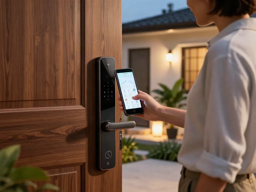 خرید قفل هوشمند features a modern entrance with a smart lock and app interaction, highlighting security technology.