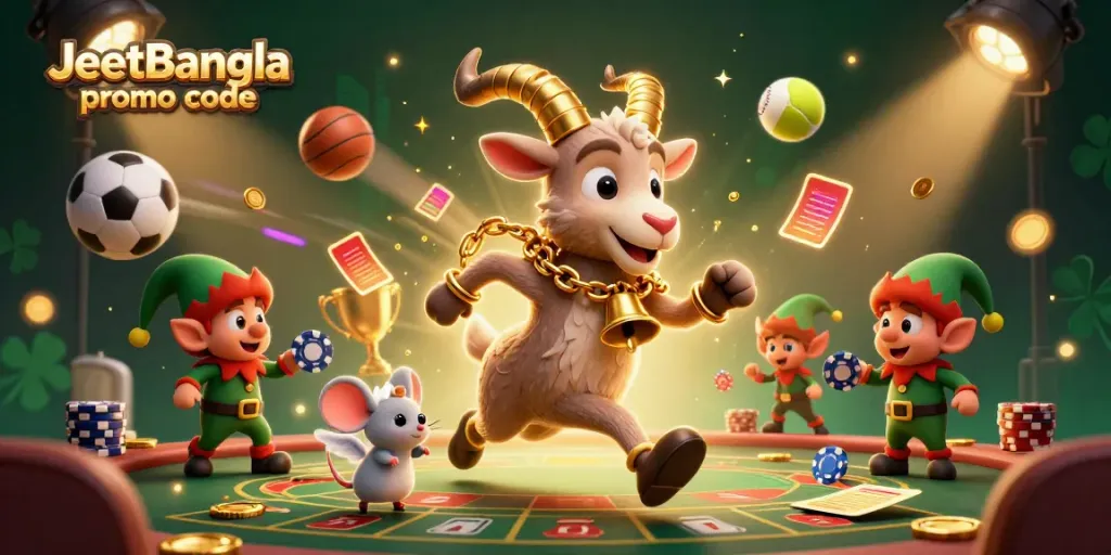 Experience the excitement of gaming with JeetBangla promo code, featuring festive characters in a lively casino setting.