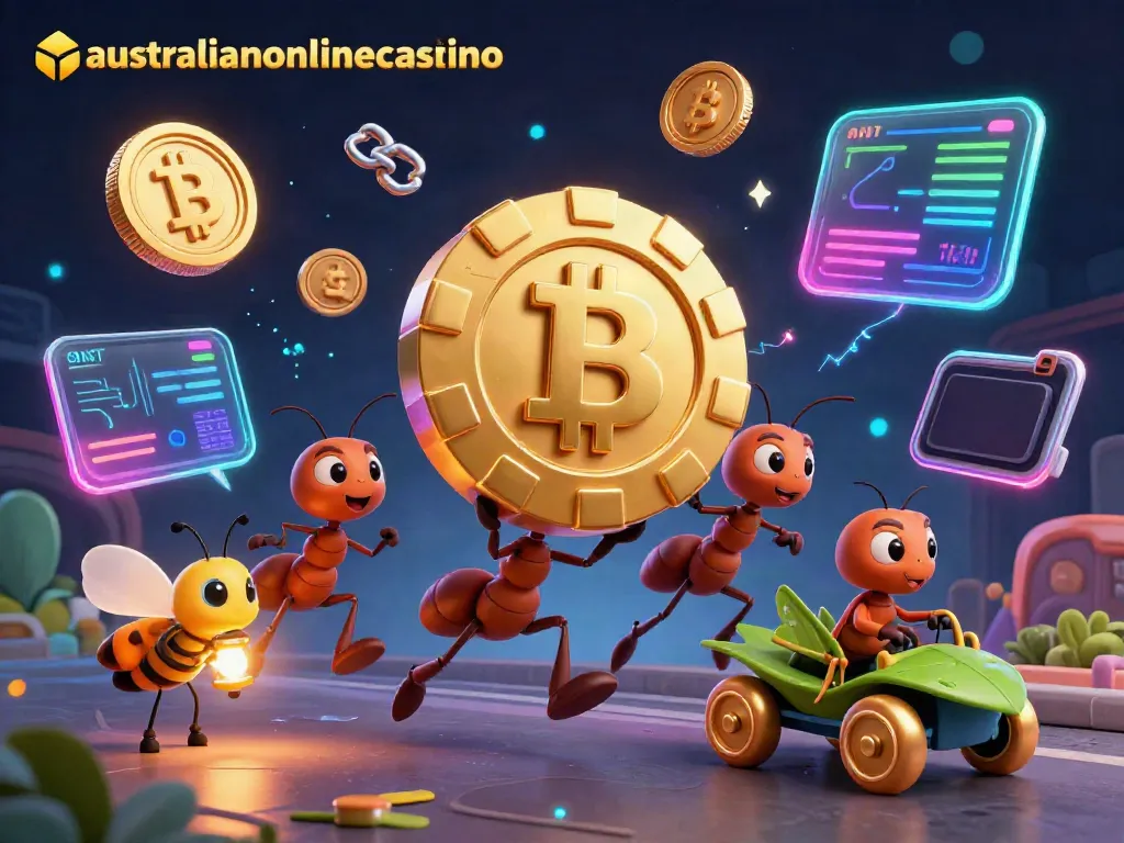 Dynamic heist scene featuring ants and poker chips emphasizing australianonlinecasino