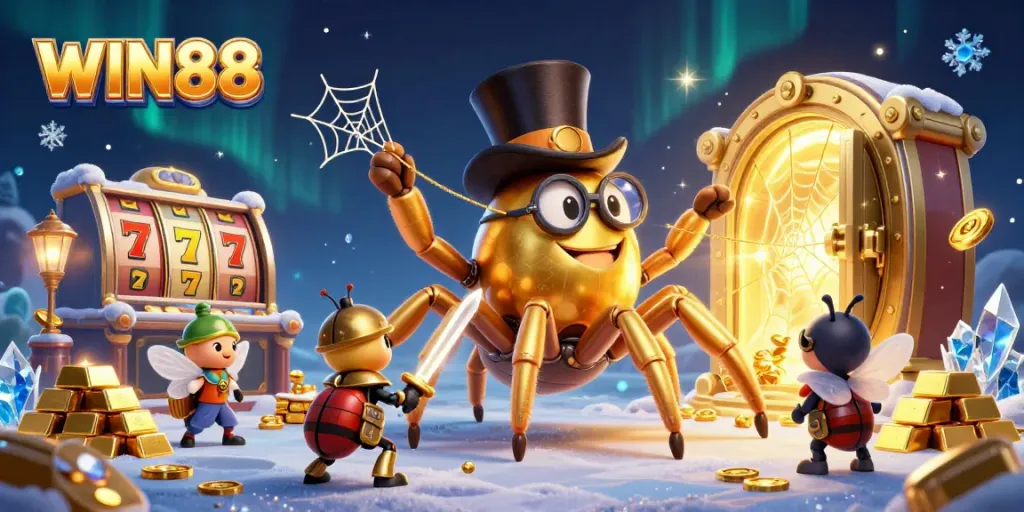 Experience the thrill of WIN88 with a vibrant casino scene filled with treasures and enchanting characters.