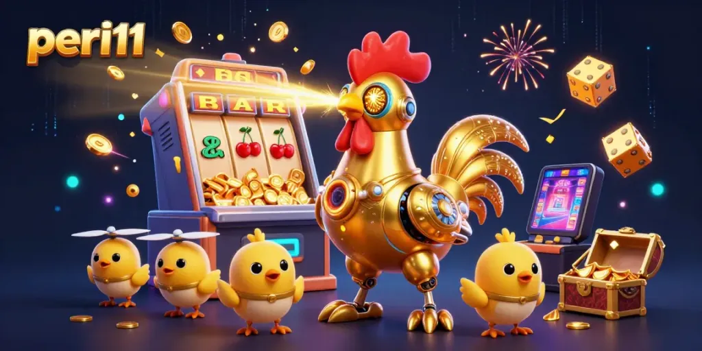 Engage in thrilling gameplay with peri11's golden rooster robot illustration, showcasing top-tier casino elements.