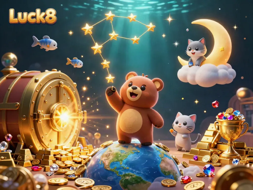 Engage with Luck8's dynamic gaming atmosphere featuring constellation bear and golden treasures.