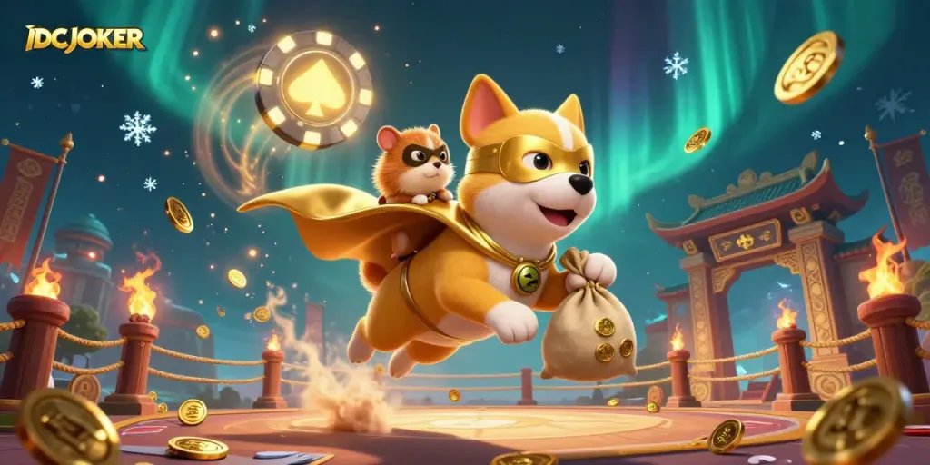 IDCJOKER superhero dog and sidekick hamster celebrate with gold coins in vibrant casino arena.