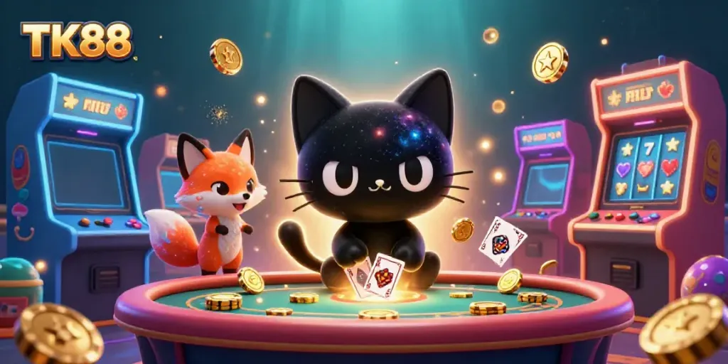 Experience the excitement of TK88 casino with a cosmic twist, featuring a black hole cat and colorful fox amid vibrant gaming elements.