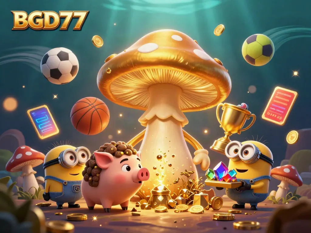 Experience the magical world of BGD77 with a whimsical golden wizard and lively gaming elements.