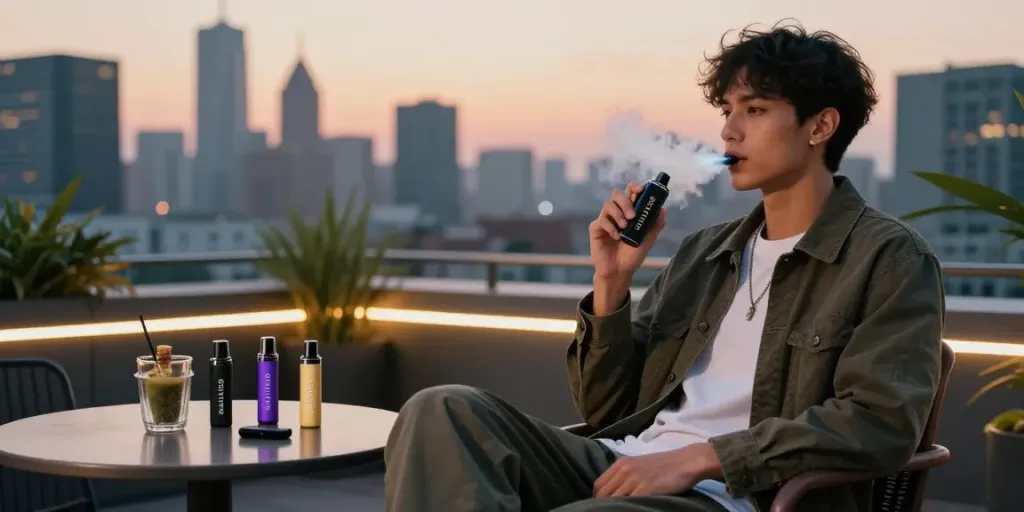 Stylish individual enjoying the Boutiq Switch V5 on a city rooftop at sunset.