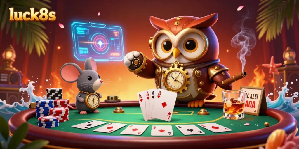 Engage with luck8s in a vibrant casino filled with poker chips and cards.