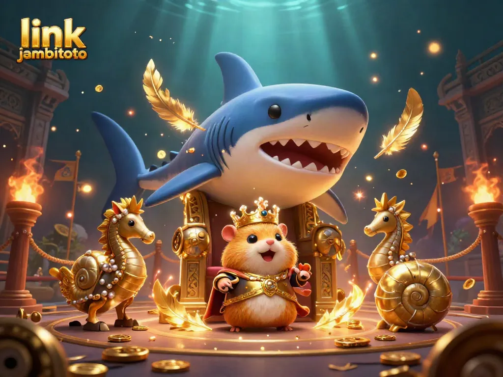 Experience thrilling gameplay with link jambitoto, featuring a golden hamster king on a megalodon throne, surrounded by casino elements.