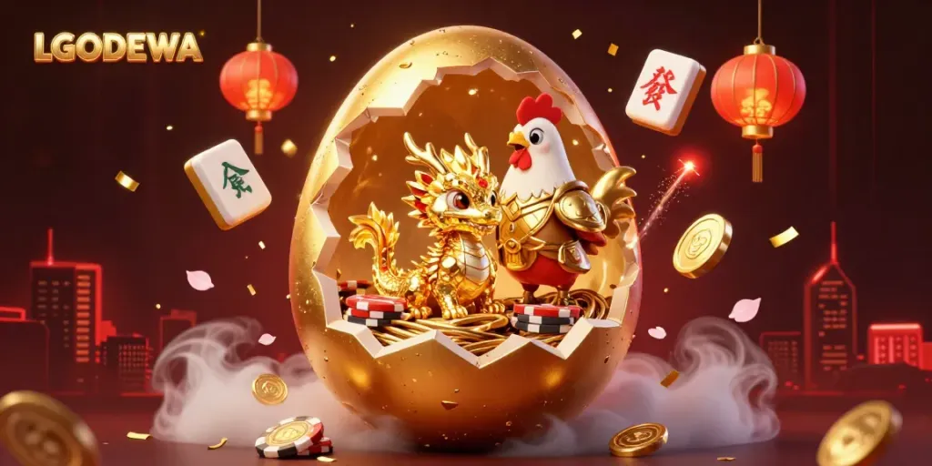 Experience the excitement of LGODEWA with a golden dragon and poker chips in a vibrant casino scene.