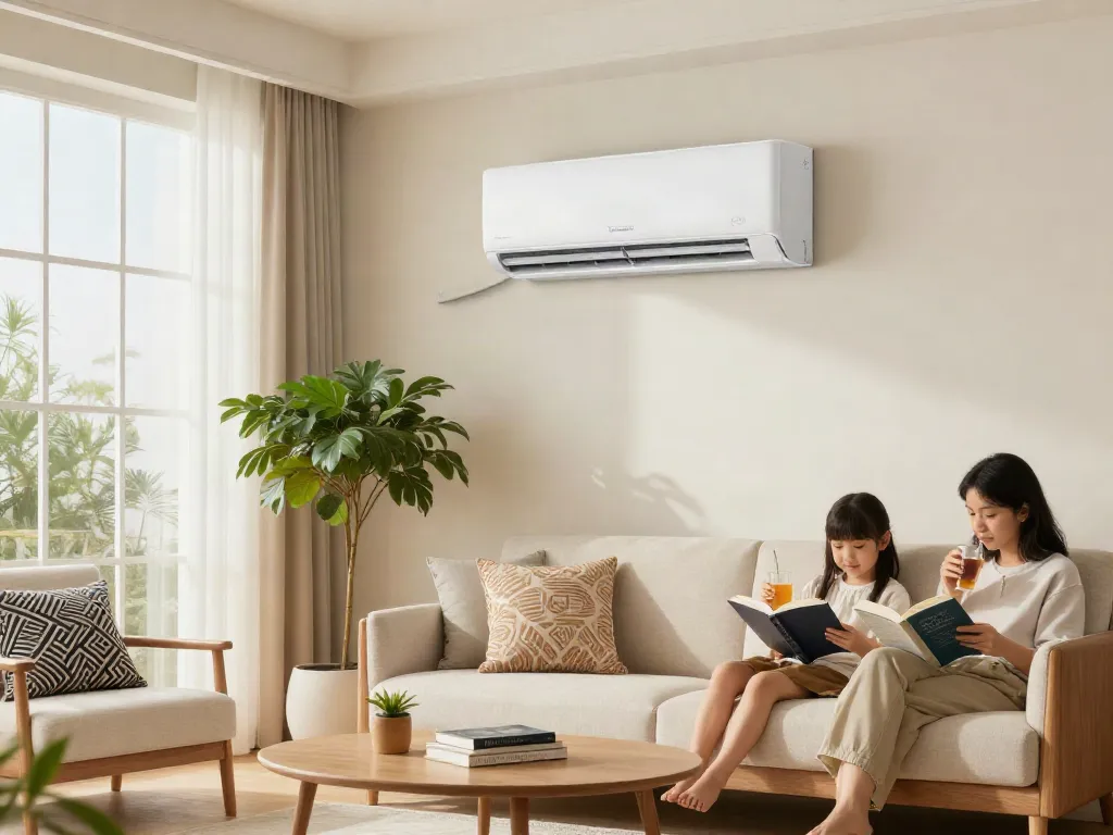 Cozy living room showcasing a mini split air conditioning system, comfortable couch, and natural light.