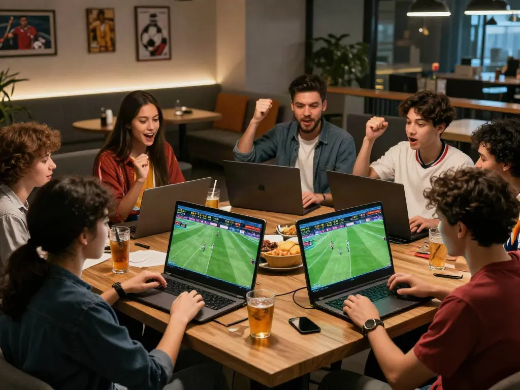 Exciting live betting on WWBOLA with friends watching soccer and analyzing stats.