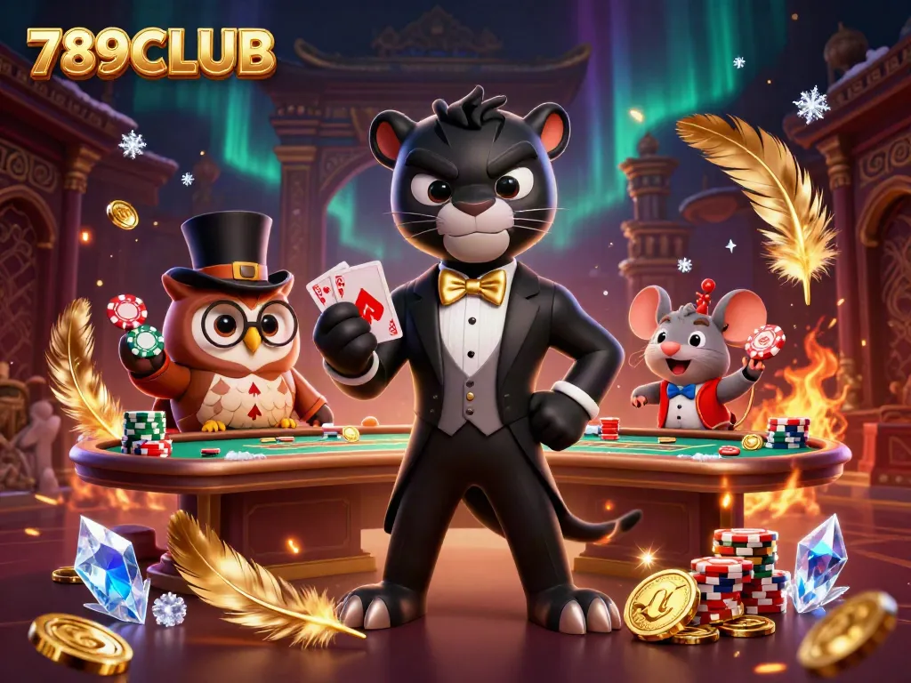Experience the excitement of poker gameplay with 789CLUB featuring charismatic characters in a vibrant casino setting.