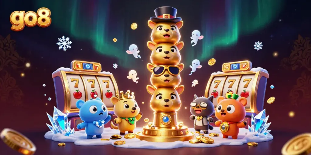 Engage with go8's thrilling casino experience featuring dynamic slot reels and vibrant totem pole characters.