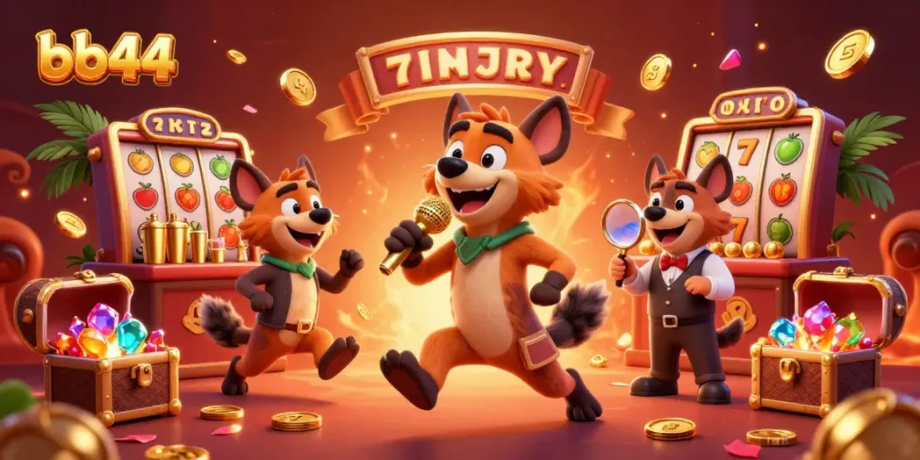 The hyenas of bb44 entertain in a vibrant casino scene with slots and golden elements.