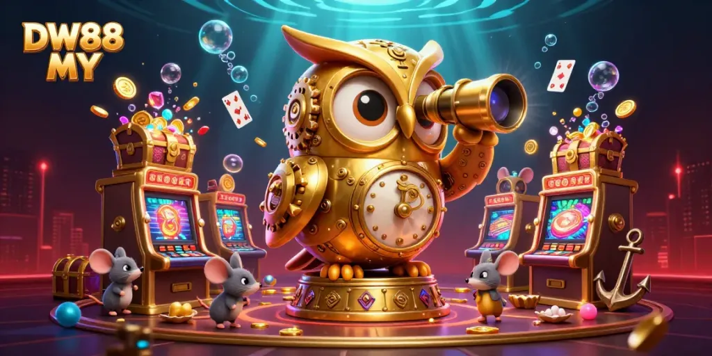 Experience the thrill of slots at DW88 MY with an owl overseeing a vibrant casino scene filled with treasures.