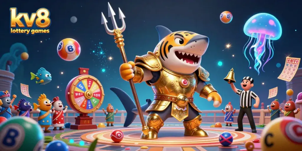 Experience exhilarating kv8 lottery games in a dynamic underwater scene with lucky elements and vibrant characters.