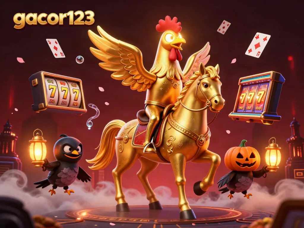 Gacor123 showcases a golden rooster headless horseman in a casino-themed scene surrounded by slot reels and playing cards.