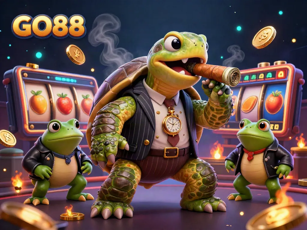 Experience the GO88 excitement with a lively 3D casino scene featuring a mobster turtle and bullfrog enforcers amid flashing slot machines.