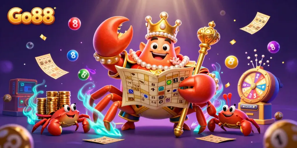 Experience the thrill with Go88's vibrant, colorful illustration, showcasing a golden crab emperor in a lively casino scene.