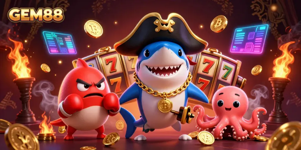 GEM88 players win exciting jackpots with a cartoon shark, pufferfish, and octopus in a vibrant casino scene.
