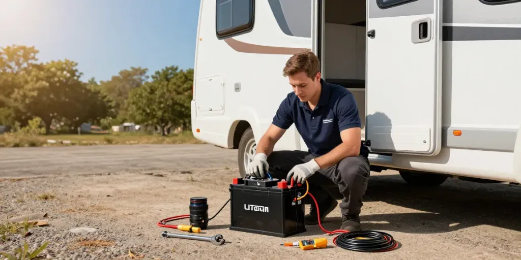 Technician installing a 12-volt battery in an RV, showcasing advanced lithium technology.