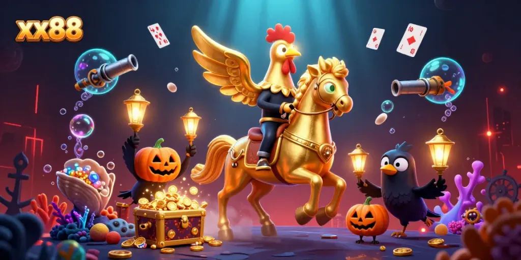 Experience the xx88 casino vibe with a golden rooster and crows in a vibrant 3D scene.