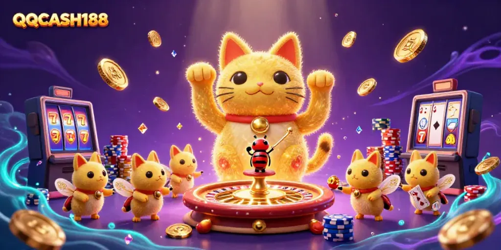 Experience the thrill of QQCASH188 with a giant lucky cat illustration enriched by dazzling casino symbols and vibrant colors.