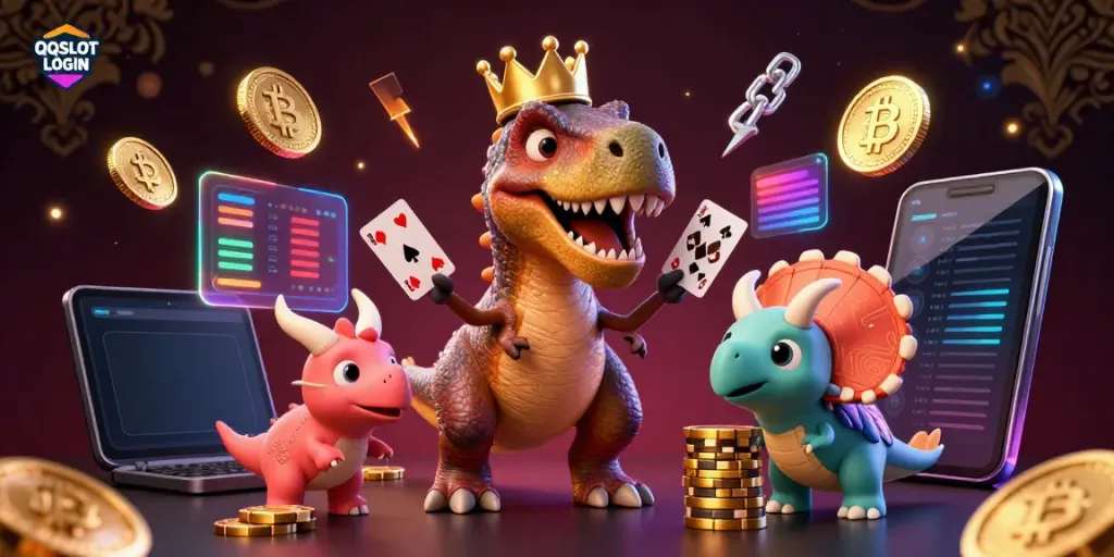 Engage with QQSLOT LOGIN through a vibrant illustration depicting a T-Rex and friends enjoying card games while surrounded by cryptocurrency elements.