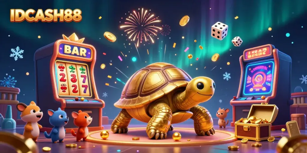 Experience the thrill of IDCASH88 with vibrant slot machines and excited players in a rich casino scene.
