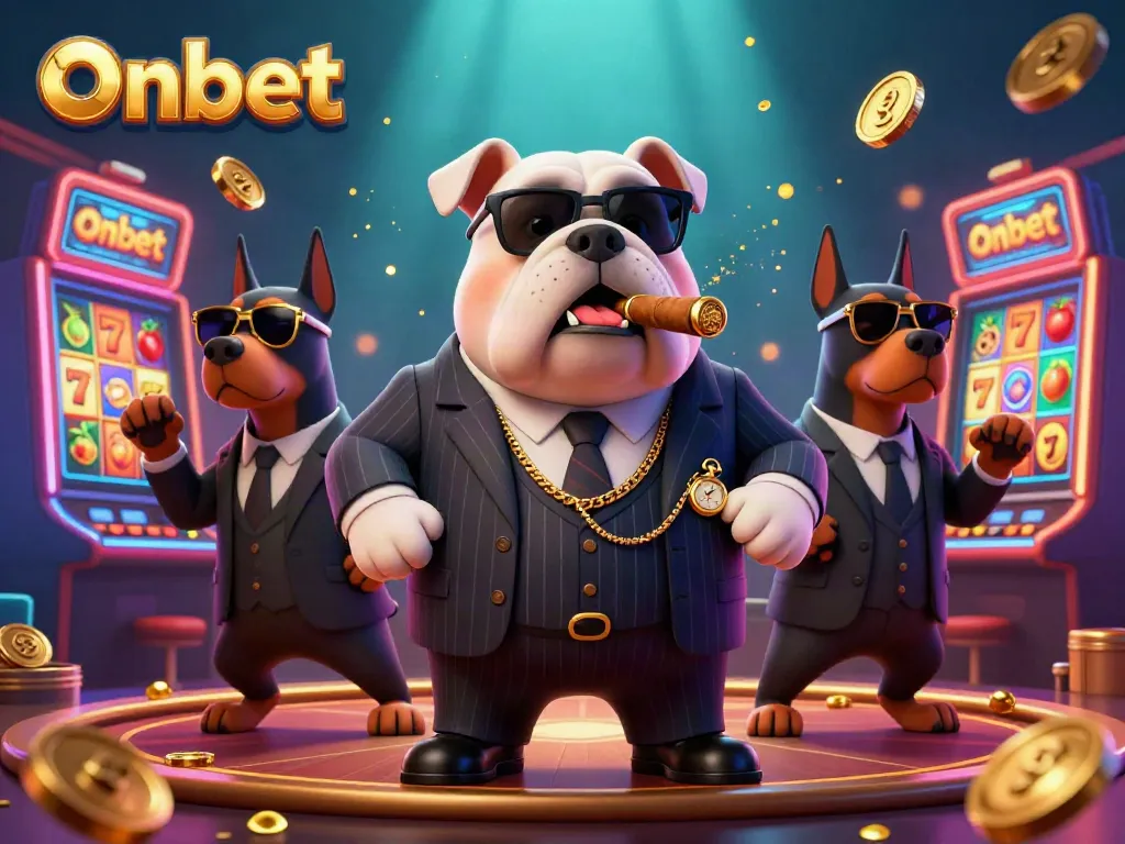Experience the excitement of Onbet with a playful mafia bulldog mascot in a lively casino scene filled with slot machines and gold coins.