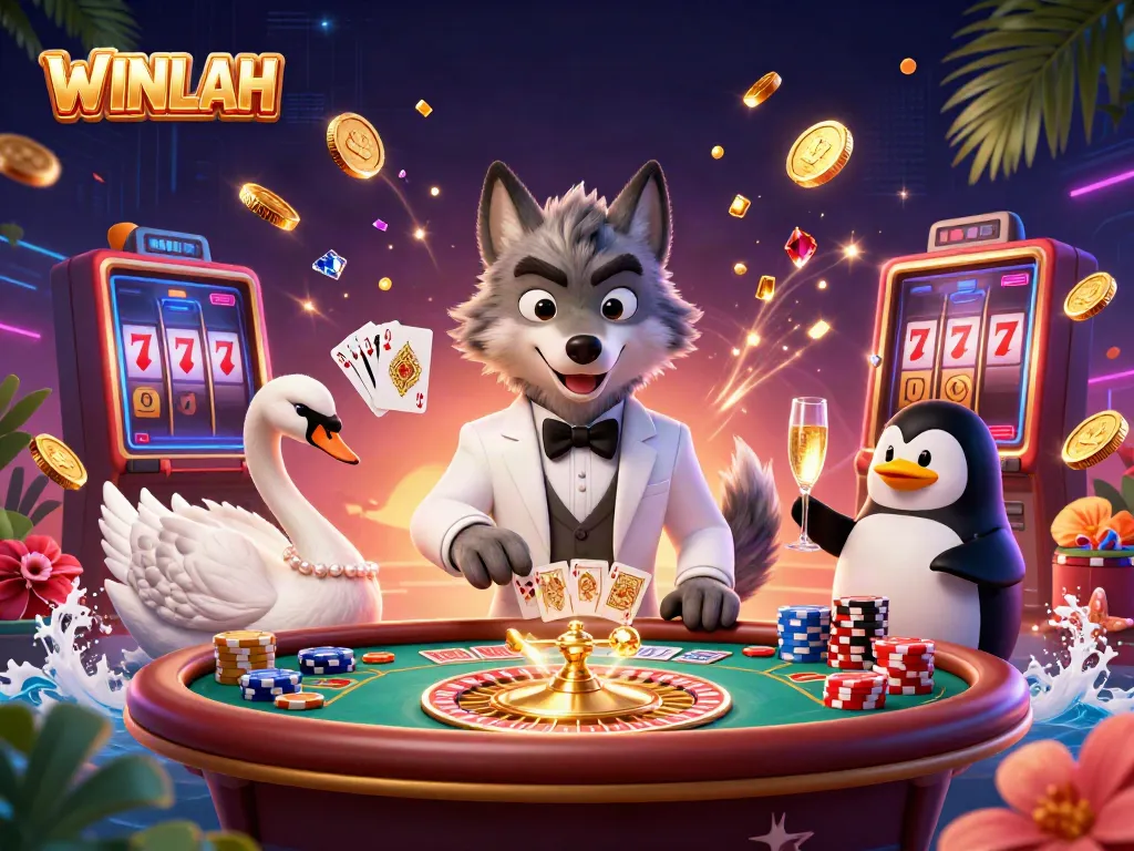 WINLAH online casino featuring a suave wolf at baccarat with a swan dealer and a penguin sommelier.
