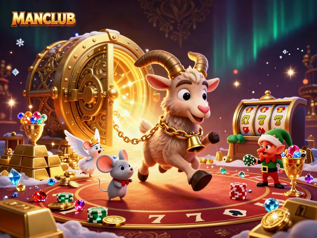 Experience the thrill at MANCLUB with a fantastical casino scene featuring a Krampus goat and magical elements.